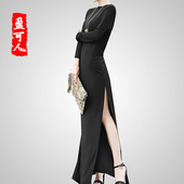长款 盈可人秋冬新款 旗袍裙连衣裙 显瘦长袖 侧开叉时尚 大码 修身