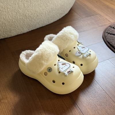 5.0cm增高洞洞鞋女冬天厚底毛绒防滑拖鞋冬季居家加绒保暖毛拖鞋