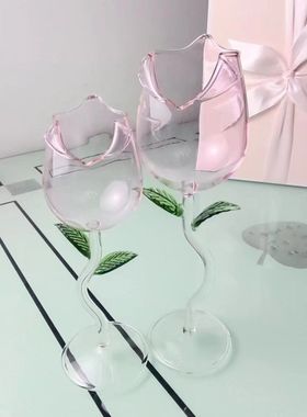 创意玫瑰花玻璃高脚杯红酒杯耐热网红香槟杯新款少女喝水杯专用