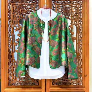 时尚 新中式 新宋锦绿色复古气质洋气外套上衣 立新芍药