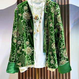 【醉花枝】新中式重工钉珠刺绣丝绒复古保暖春秋新款绿色外套上衣