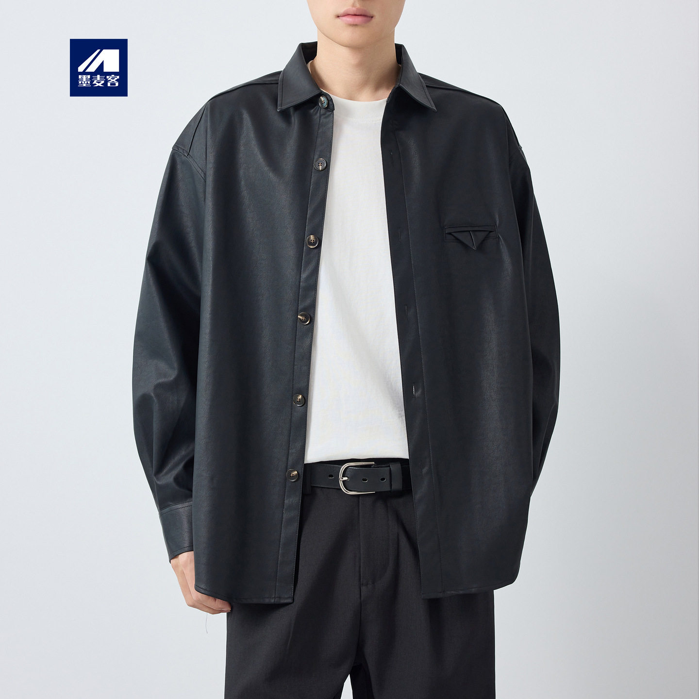 墨麦客男装高智通勤衬衫式夹克男2026春新款男士PU皮衣外套81607