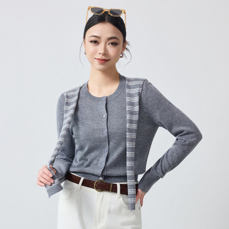 墨麦客女装条纹披肩薄外套2026春季新款圆领通勤针织开衫女10171.
