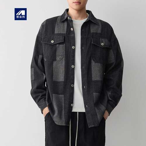 墨麦客男士街头休闲撞色方块牛仔