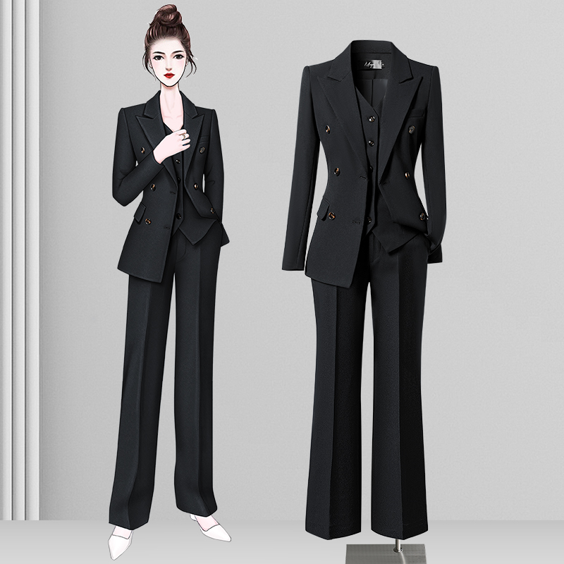 黑色西服外套女春秋职业套装气质干练高级感西装马甲三件套阔腿裤