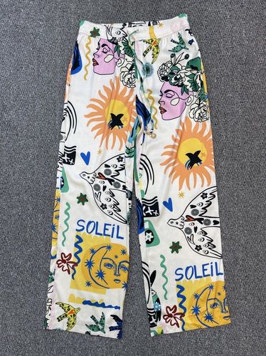 joie趣味涂鸦太阳飞鸟印花阔腿裤女夏 垂感缎面松紧腰休闲直筒裤