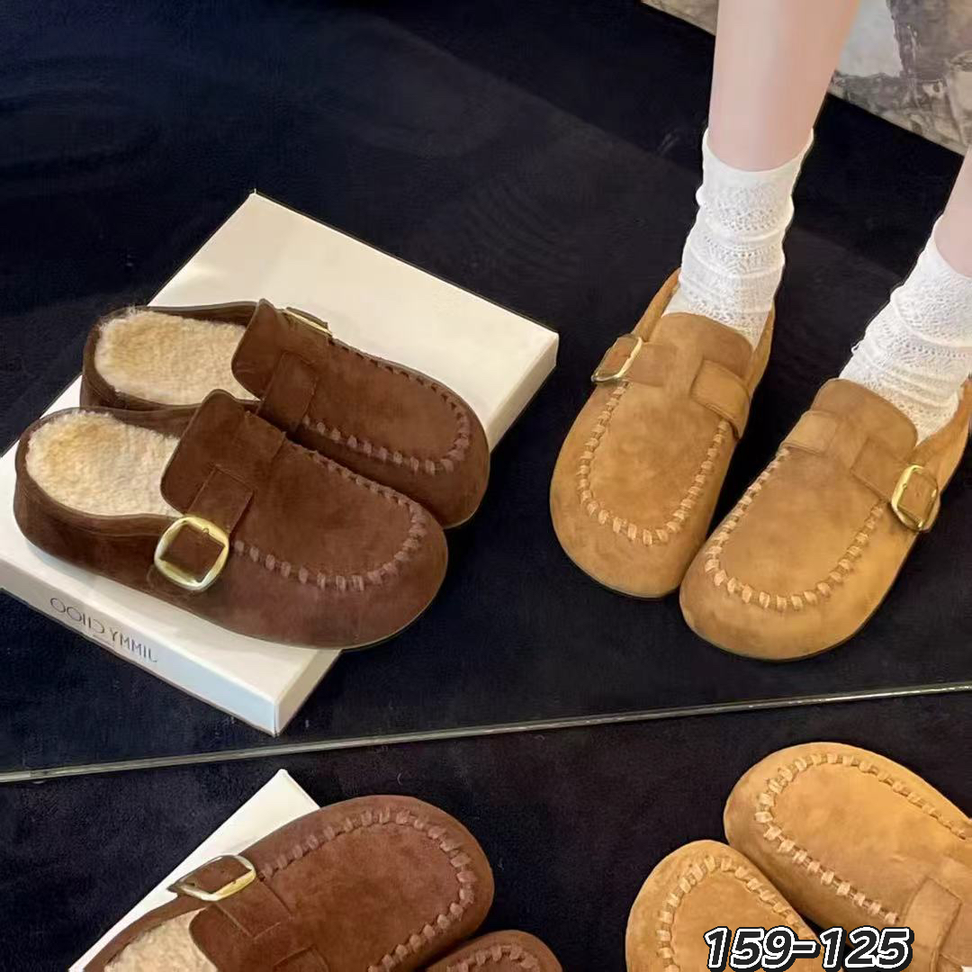 2025新款勃肯鞋女外穿平底豆豆鞋复古加绒保暖全包真皮云朵吐司