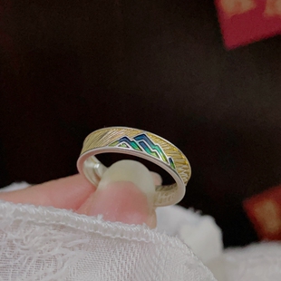 足银9999纯银珐琅千里江山戒指女实心开口描金心经银指环女友礼物