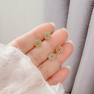 足银9999纯银宝相花耳钉女珐琅描金银耳环国风新中式女友情人礼物