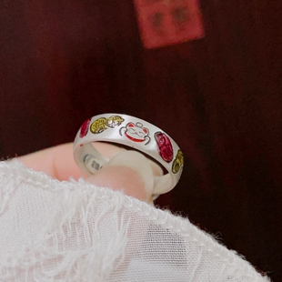 足银9999纯银珐琅吉言戒指女平安喜乐实心开口指环国风女友礼物