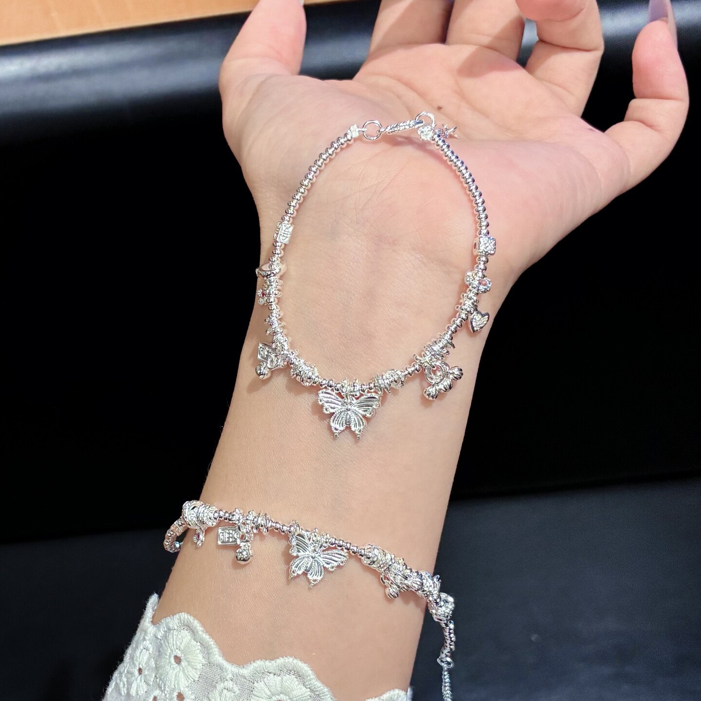 足银999纯银小花蝴蝶盘缠手链女