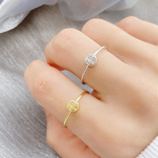 s925小福戒指女纯银金色福字戒指旋转福牌指环ins小众设计感气质