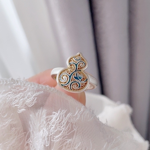 足银9999纯银珐琅青花葫芦戒指女花丝描金银指环女新中式女友礼物