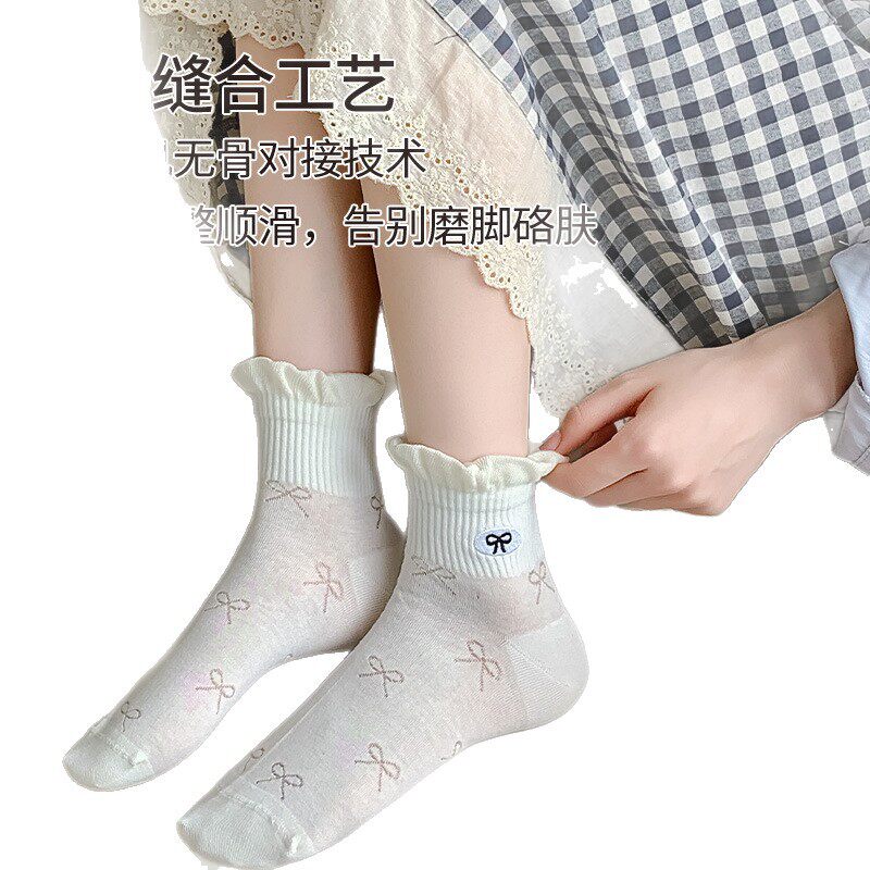 六指鼠蝴蝶结袜子女中筒袜春夏季薄款学院风灰蓝韩版堆堆袜棉袜