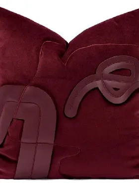 红色刺绣抱枕现代新中式沙发样板间皮革拼接靠垫抽象品质靠包软装