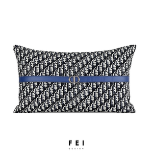FEI蓝色DIOR马鞍腰枕现代轻奢样板房间抱枕高档别墅软装靠枕垫套