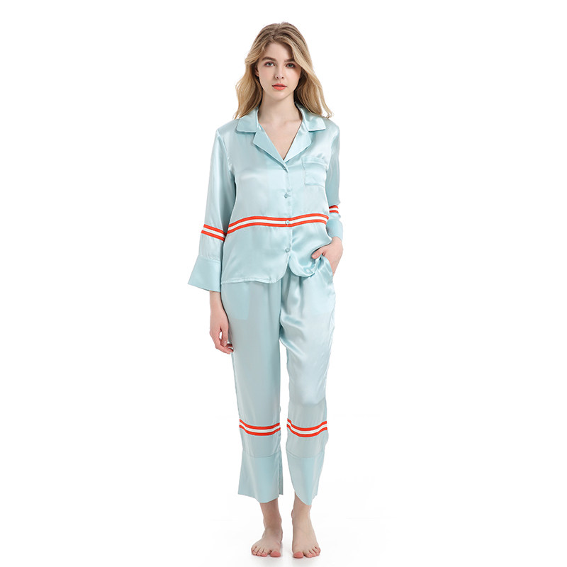 2025睡衣100桑蚕丝女长袖长裤两件套撞色真丝家居服春秋季可外穿