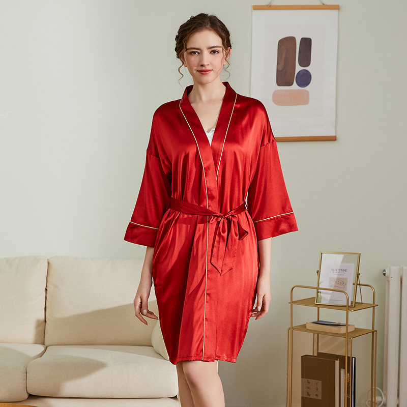 新年红色纯色睡袍夏季真丝家居服女有机桑蚕丝中长款宽松睡衣喜庆