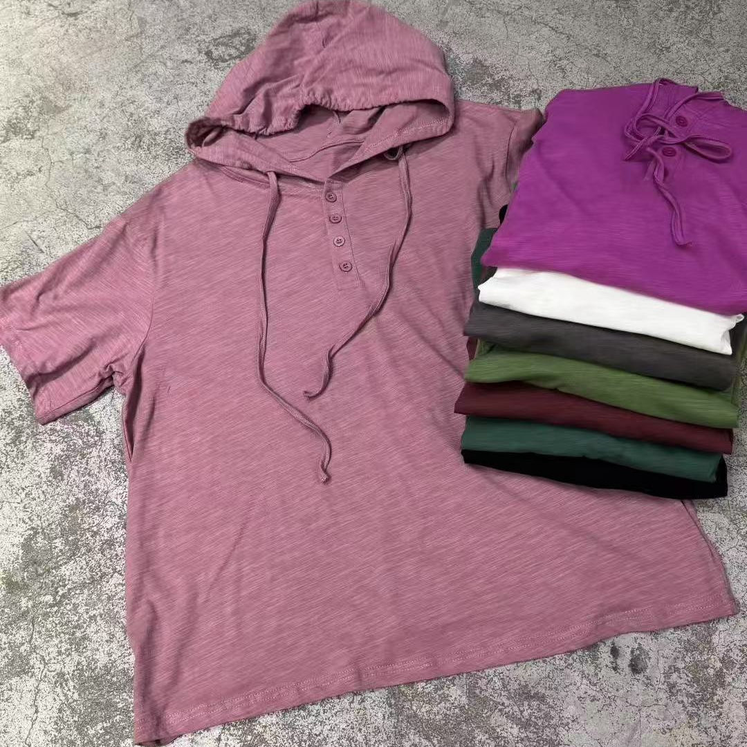 蝉昭-素简风宽松百搭纯棉竹节棉短袖打底衫T恤上衣简约风纽扣帽衫