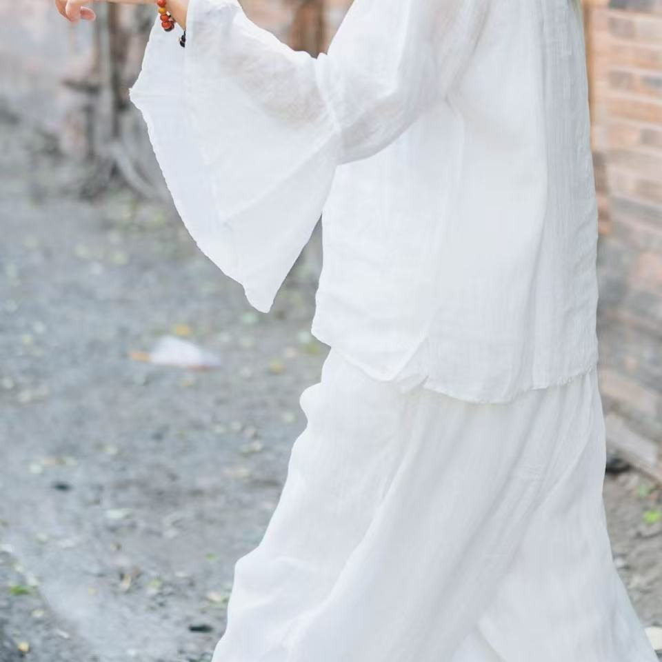 蝉昭--素养身心双层苎麻刺绣喇叭袖中式国风衬衫复古禅意茶服上衣