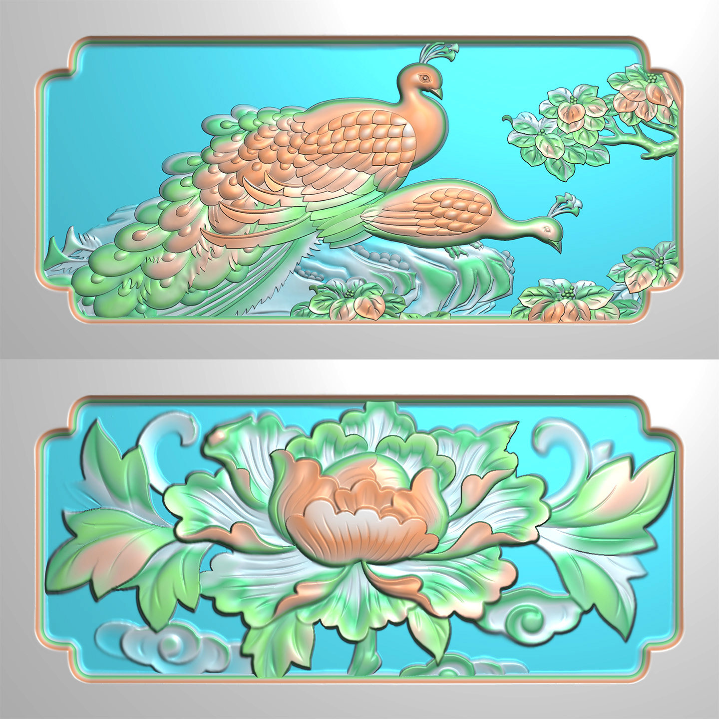 牡丹荷花孔雀墓碑围坟石雕图