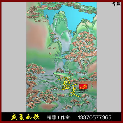 高山流水梅花精雕图祥云小鹿松树浮雕图木石砖雕灰度图新款精品
