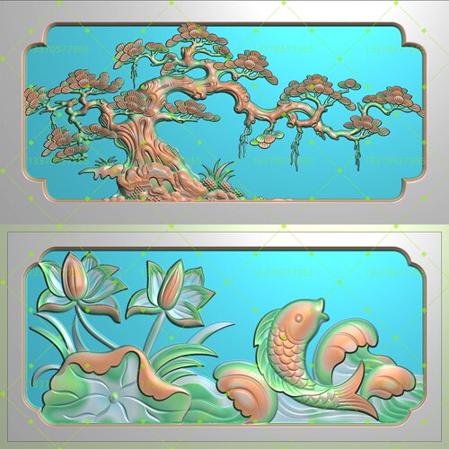迎客松锦鲤墓碑石栏板灰度图