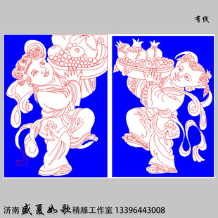 童男童女线雕洗平底图人金童玉女精雕图石雕线条矢量文泰