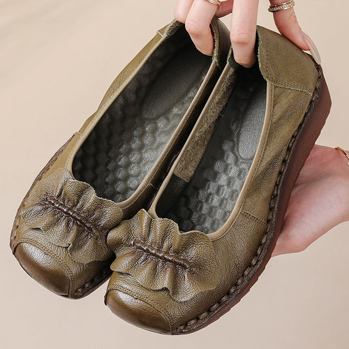 复古舒适单鞋真皮软底妈妈鞋浅口防滑牛筋底坡跟中老年女鞋软皮鞋