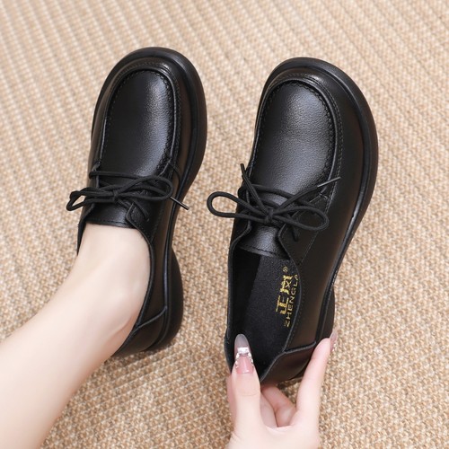 脚宽脚胖女鞋工作鞋久站不累脚餐饮厨房上班鞋纯黑色系带圆头单鞋