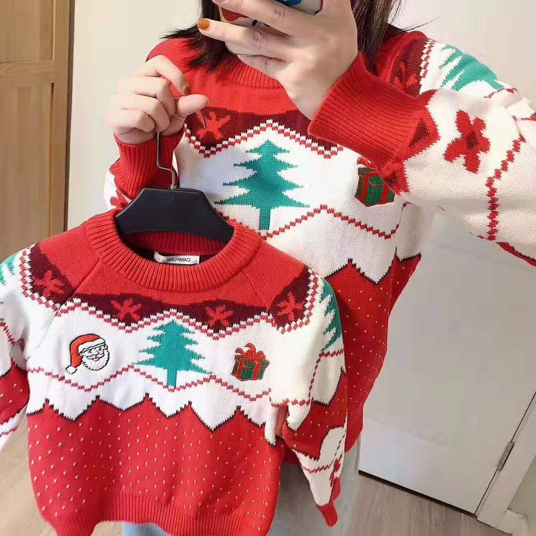 圣诞节毛衣冬款男女童毛衣加厚针织刺绣图案提花雪人