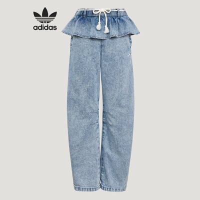 Adidas阿迪达斯三叶草荷叶边牛仔运动裤2026夏女休闲长裤KT3051