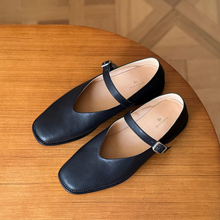 25新款 真皮方头低跟V口玛丽珍鞋 黑色马皮一字带厚底女单鞋