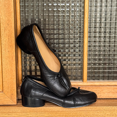 3cm中跟黑色真皮分趾一脚蹬单鞋