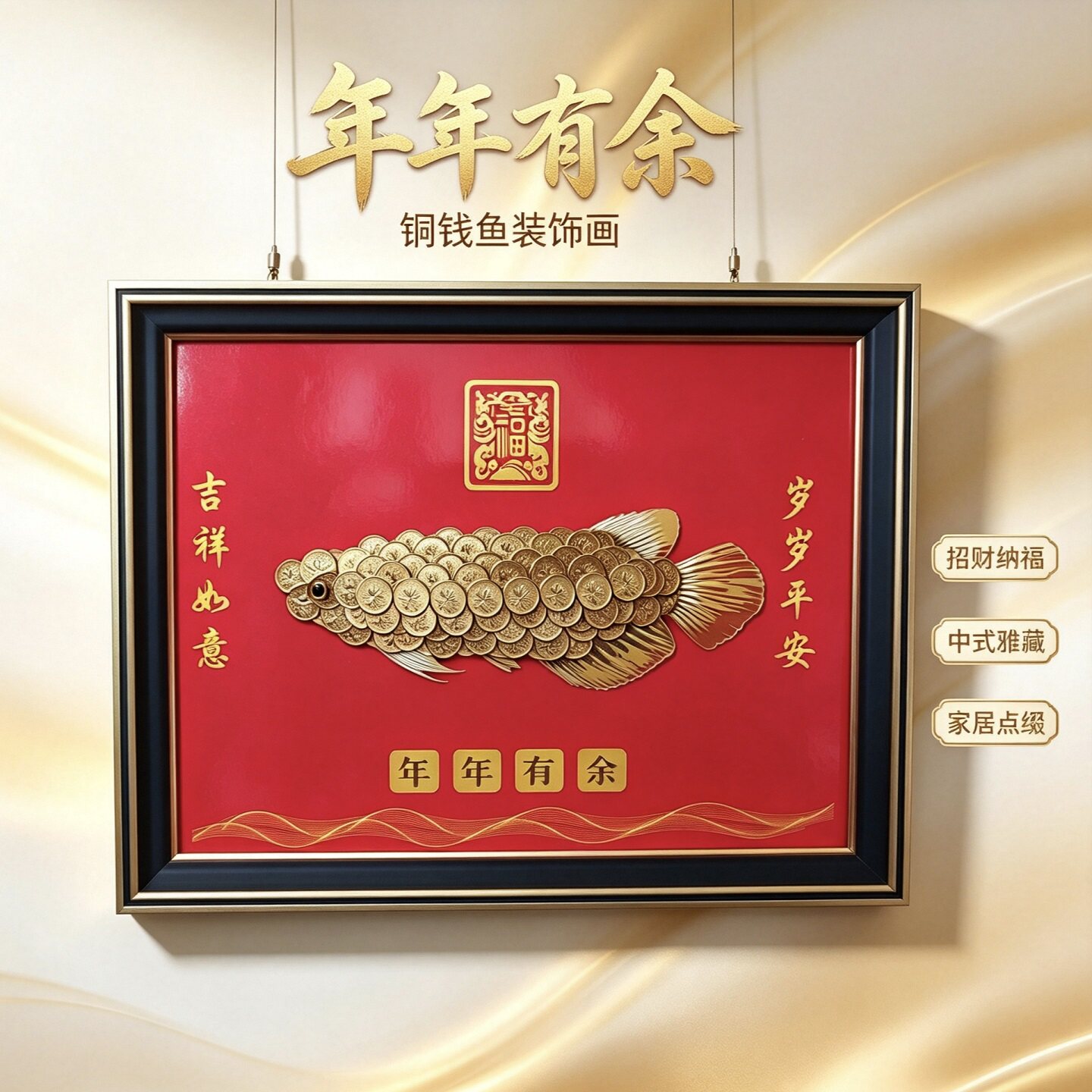 中式招财年年有余铜钱鱼相框摆件