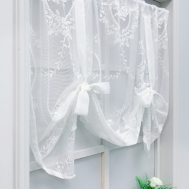 美式田园小清新蕾丝提拉帘免打孔升降纱帘飘窗帘厨房隔断门帘遮阳