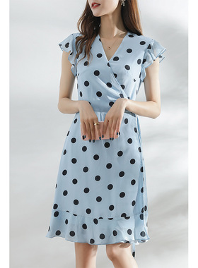 [SYB789456MG]复古俏皮一步到位 清爽波点印花 桑蚕丝茶歇连衣裙