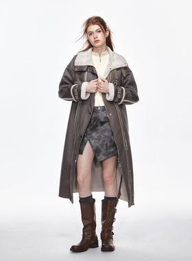 BILL BOOM美式复古2023冬季新机车风长款宽松保暖皮毛一体外套女