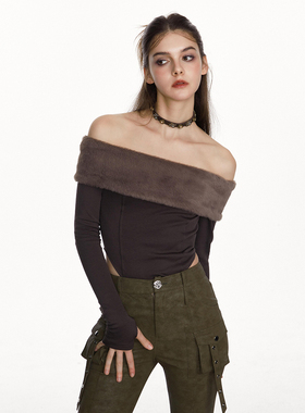 BILL BOOM 美式复古辣妹一字肩长袖针织衫女秋新款内搭打底衫上衣