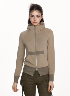 BILL BOOM 美式复古修身开衫连帽卫衣女2024春秋新款运动立领外套