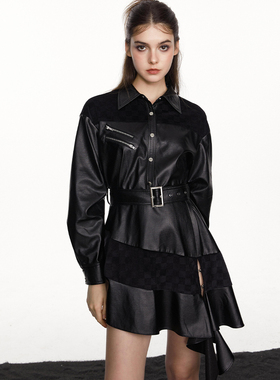 BILL BOOM 美式复古辣妹PU皮连衣裙子女2024秋新款黑色拼接衬衫裙