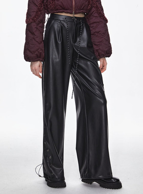 【赵昭仪同款】BILLBOOM辣妹薄绒pu皮裤抽绳宽松直筒阔拖地长腿女