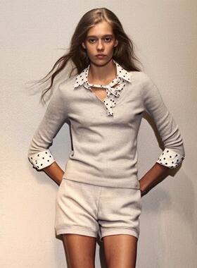 BILLBOOM美式复古假两件针织衫女宽松慵懒风polo领上衣