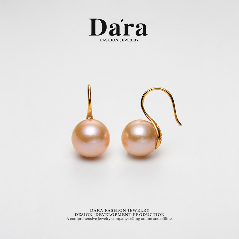 Dara/戴拉稀缺暖金粉正圆极光耳钩925银11-12mm淡水珍珠耳饰耳环