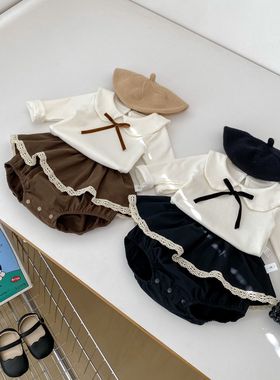 春秋季婴幼儿衣服女童新生儿休闲衣服长袖上衣+面包包屁短裤套装