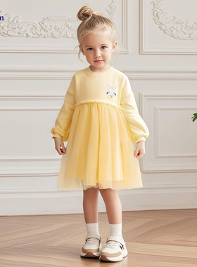 春秋季婴幼儿1-2-3-4-5-6岁长袖公主裙黄色女童宝宝网纱连衣裙子