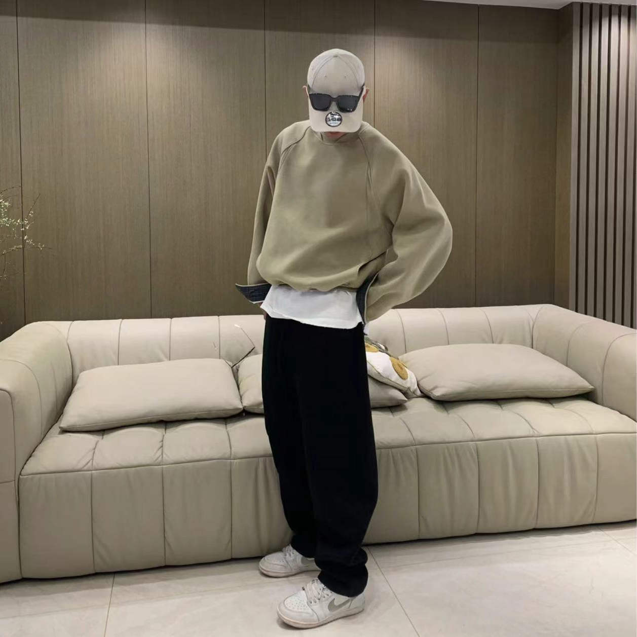 春季新款男士拼接袖口宽松卫衣潮男落肩外套