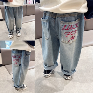 春装 宽松直筒裤 裤 韩版 子潮 子儿童春秋季 软绵绵男童口袋刺绣牛仔裤