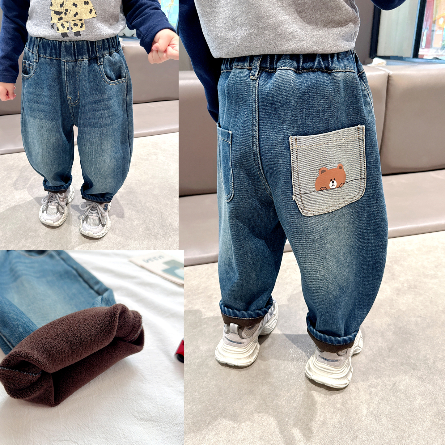 口袋小熊~男童加绒牛仔裤2025秋冬季中小童宝宝一体绒休闲裤子潮