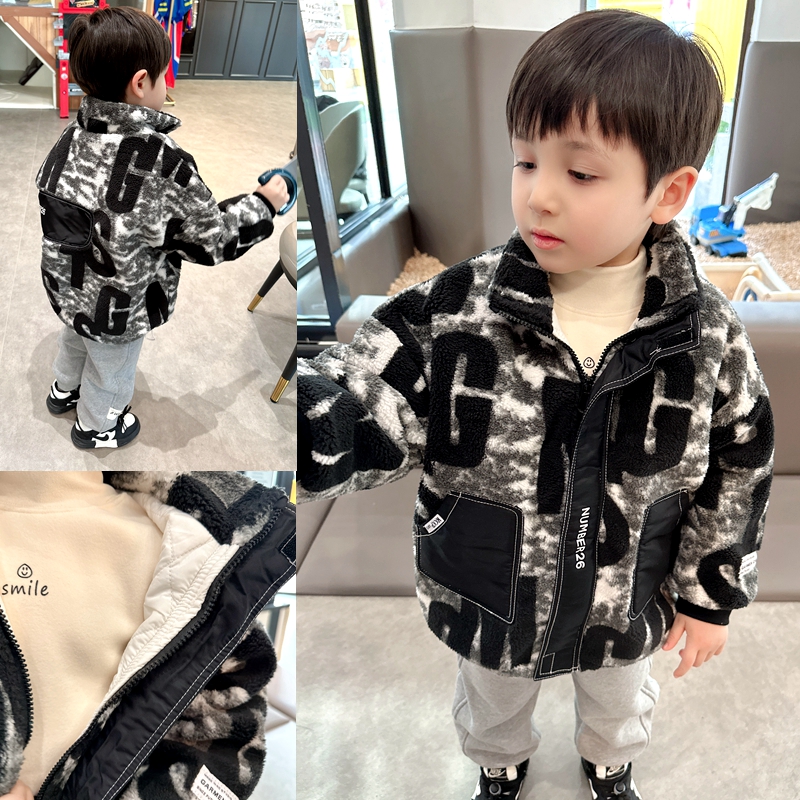 男童冬季夹棉迷彩毛毛衣外套中小童宝宝冬装洋气棉衣棉服